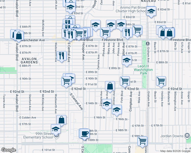 map of restaurants, bars, coffee shops, grocery stores, and more near 214 East 88th Place in Los Angeles