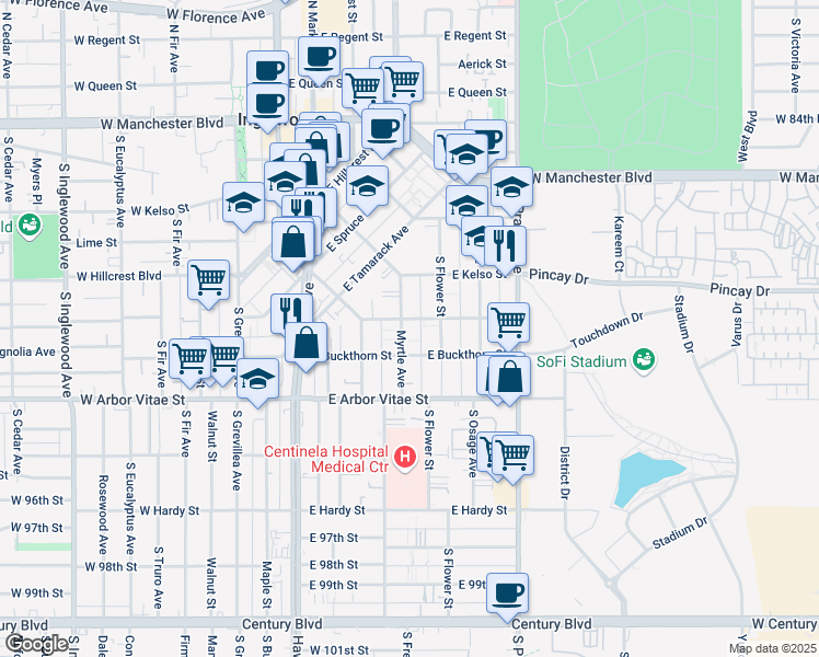 map of restaurants, bars, coffee shops, grocery stores, and more near 624 Myrtle Avenue in Inglewood