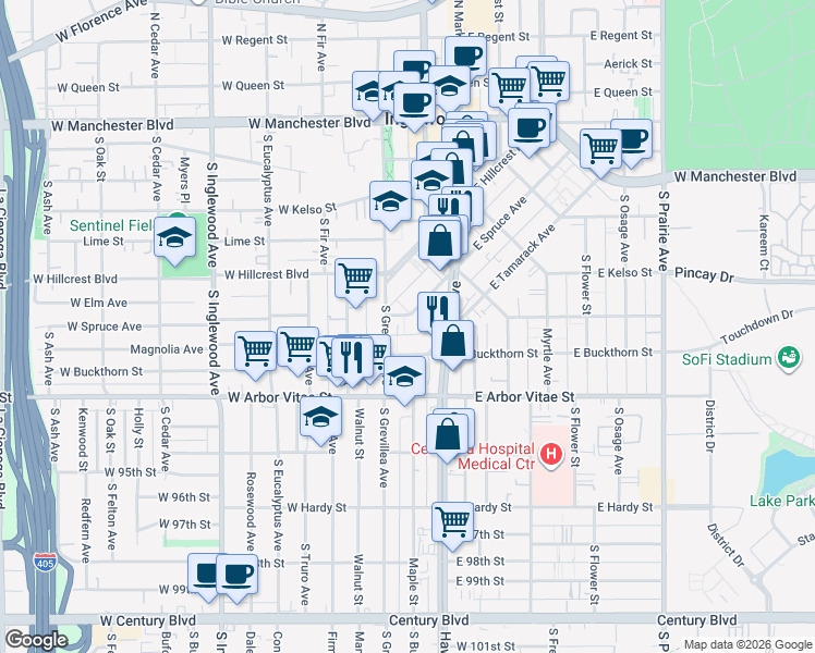 map of restaurants, bars, coffee shops, grocery stores, and more near 109 East Spruce Avenue in Inglewood