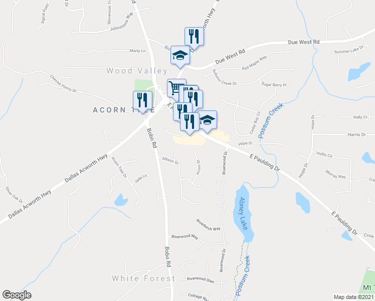 map of restaurants, bars, coffee shops, grocery stores, and more near 171 Acorn Drive in Dallas