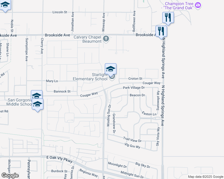 map of restaurants, bars, coffee shops, grocery stores, and more near 1510 Park Village Drive in Beaumont