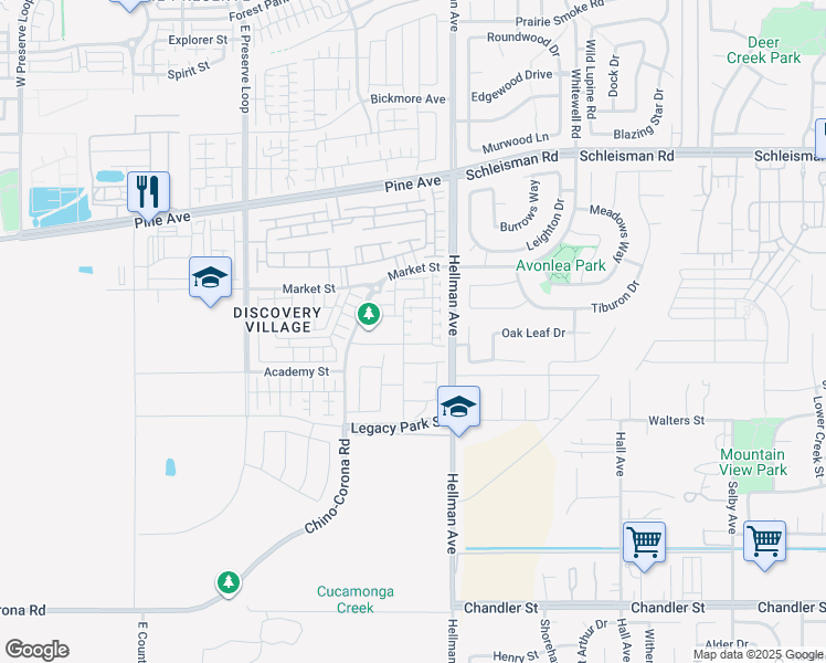 map of restaurants, bars, coffee shops, grocery stores, and more near 16453 Trailblazer Avenue in Chino