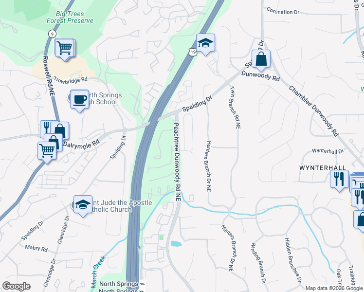 map of restaurants, bars, coffee shops, grocery stores, and more near 210 Wembley Circle in Atlanta