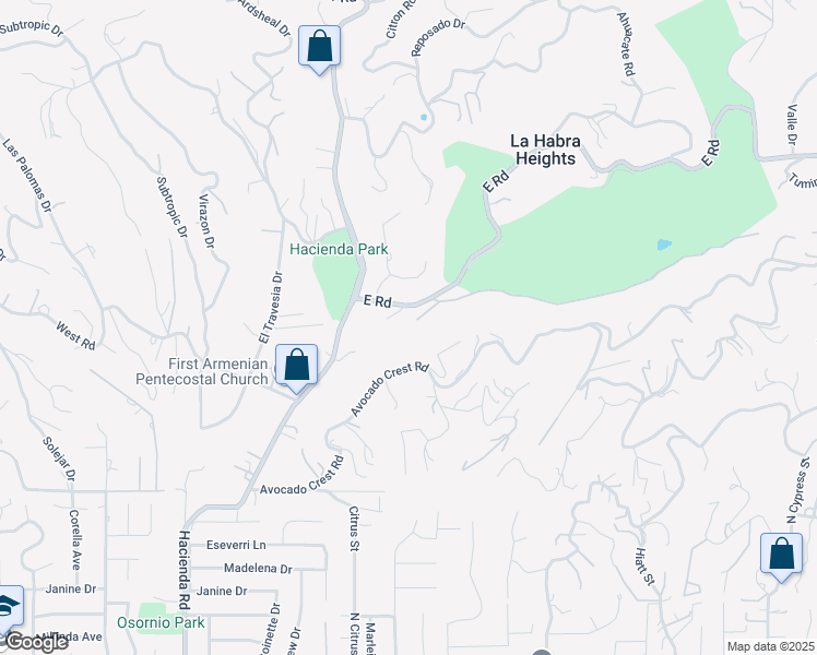map of restaurants, bars, coffee shops, grocery stores, and more near 166 East Road in La Habra Heights