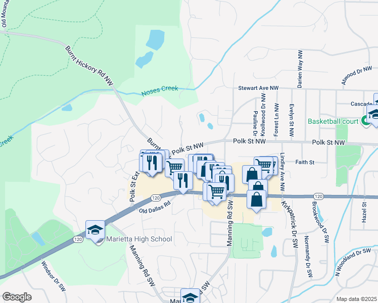 map of restaurants, bars, coffee shops, grocery stores, and more near 992 Wemberley Lane in Marietta