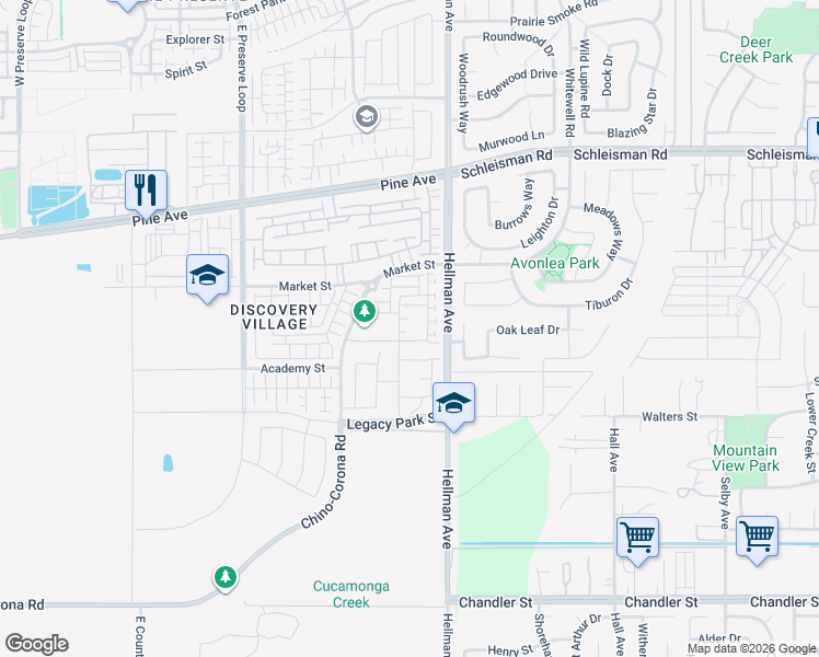 map of restaurants, bars, coffee shops, grocery stores, and more near 16453 Trailblazer Avenue in Chino