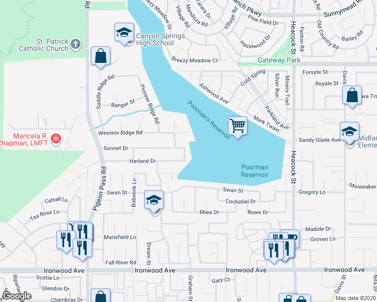 map of restaurants, bars, coffee shops, grocery stores, and more near 11412 Pickford Way in Moreno Valley