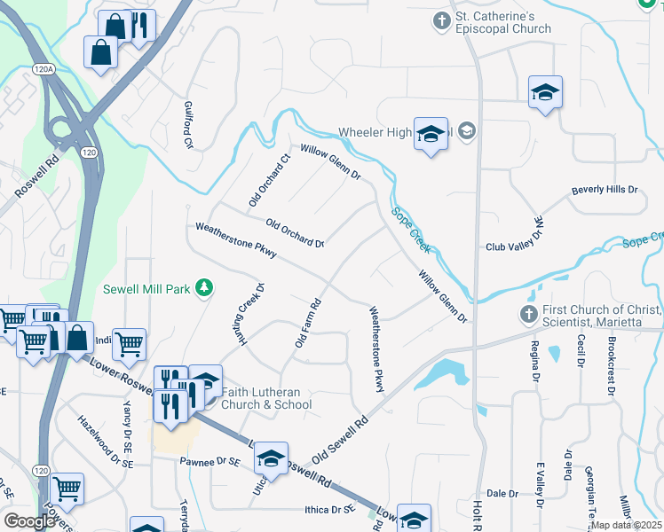 map of restaurants, bars, coffee shops, grocery stores, and more near 175 Old Farm Road in Marietta