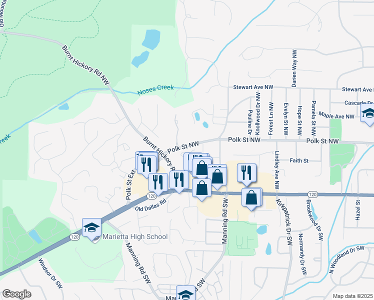 map of restaurants, bars, coffee shops, grocery stores, and more near 996 Wemberley Lane in Marietta