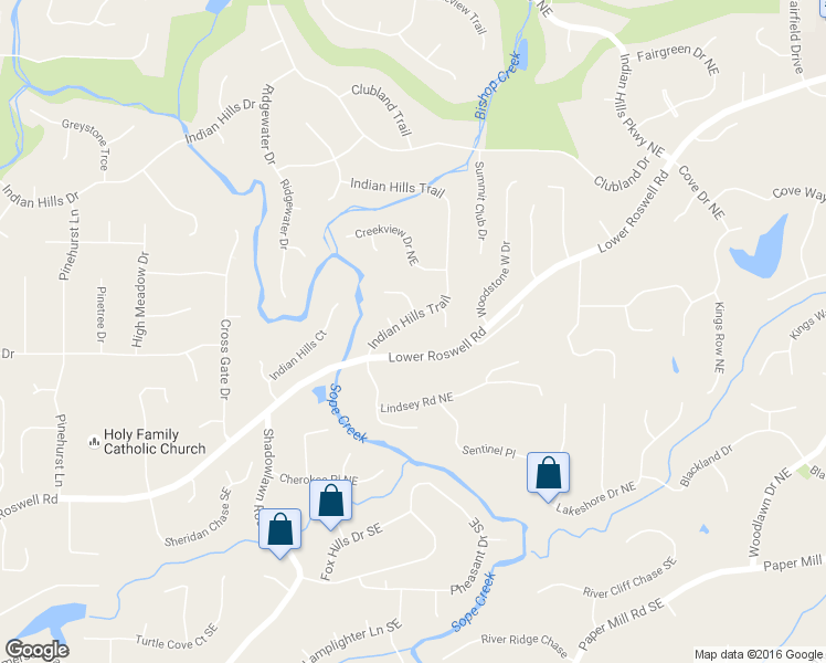 map of restaurants, bars, coffee shops, grocery stores, and more near 238 Indian Hills Trail in Marietta