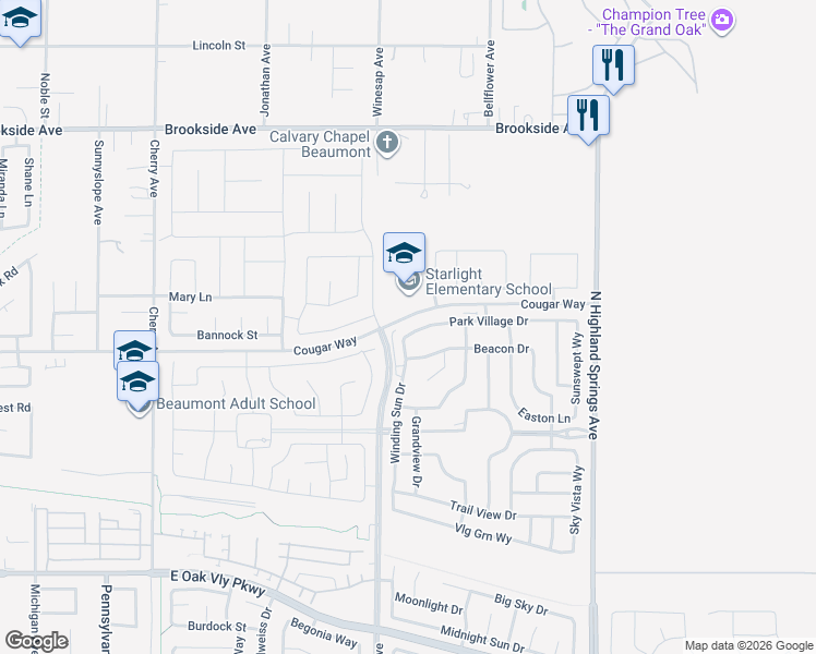 map of restaurants, bars, coffee shops, grocery stores, and more near 1510 Park Village Drive in Beaumont