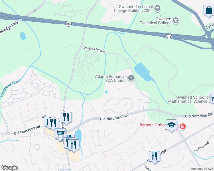 map of restaurants, bars, coffee shops, grocery stores, and more near 2320 Oakland Chase Court in Lawrenceville