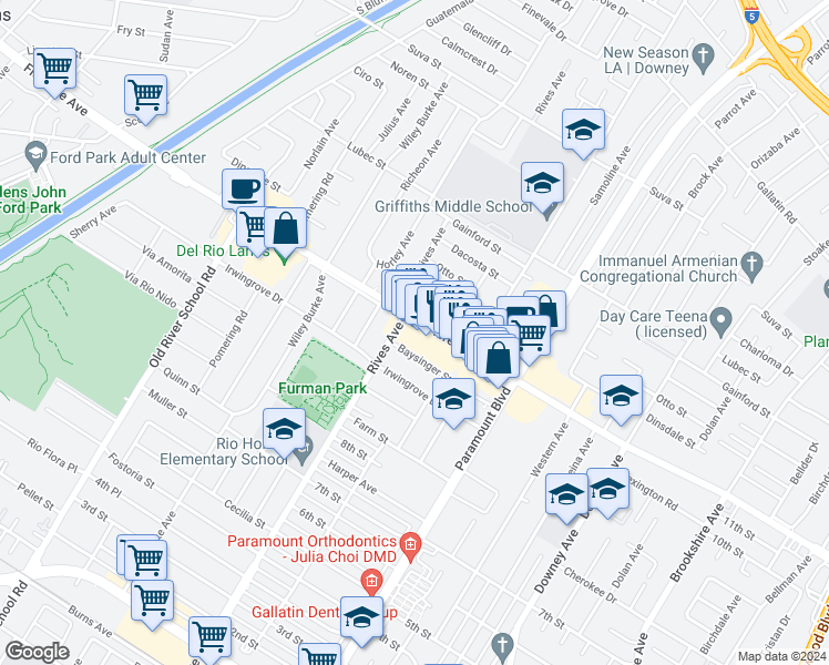 map of restaurants, bars, coffee shops, grocery stores, and more near 7822 Florence Avenue in Downey