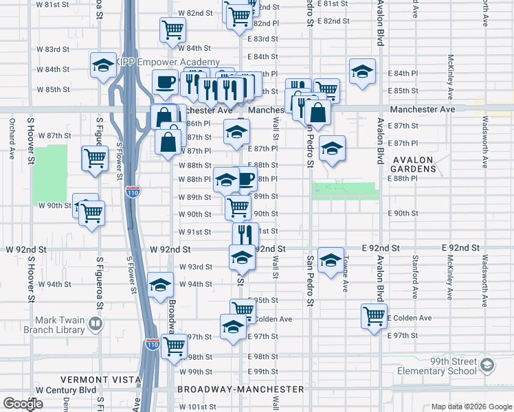 map of restaurants, bars, coffee shops, grocery stores, and more near 125 East 90th Street in Los Angeles