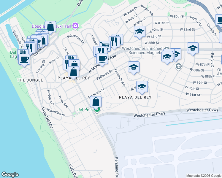 map of restaurants, bars, coffee shops, grocery stores, and more near 8150 Manitoba Street in Los Angeles