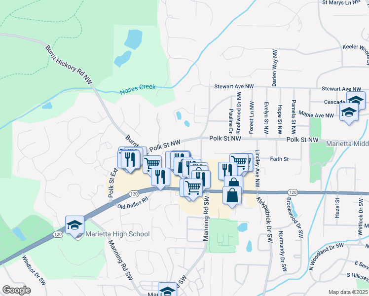 map of restaurants, bars, coffee shops, grocery stores, and more near Wakehurst Way in Marietta
