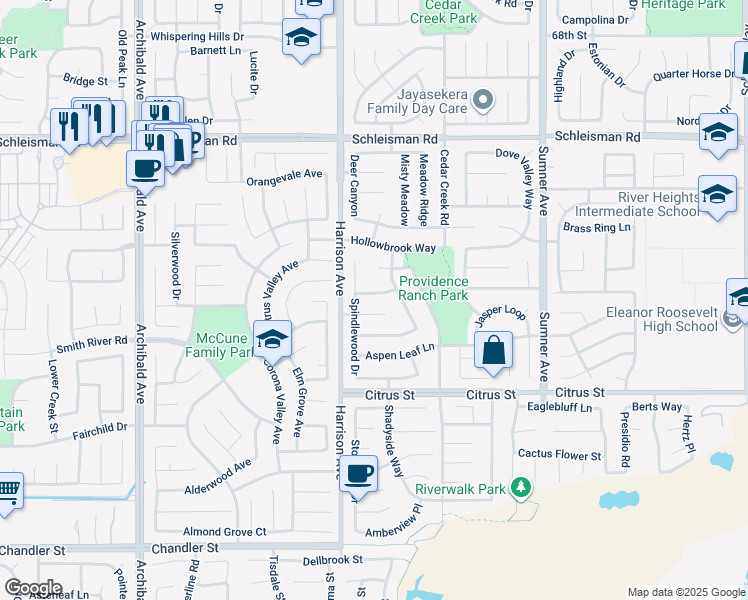 map of restaurants, bars, coffee shops, grocery stores, and more near 13735 Goldcrest Lane in Corona