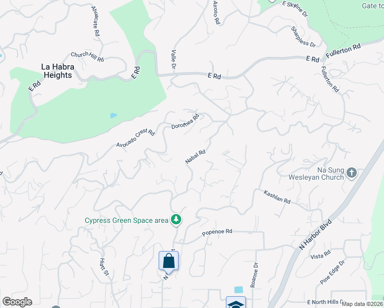 map of restaurants, bars, coffee shops, grocery stores, and more near 1707 Nabal Road in La Habra Heights
