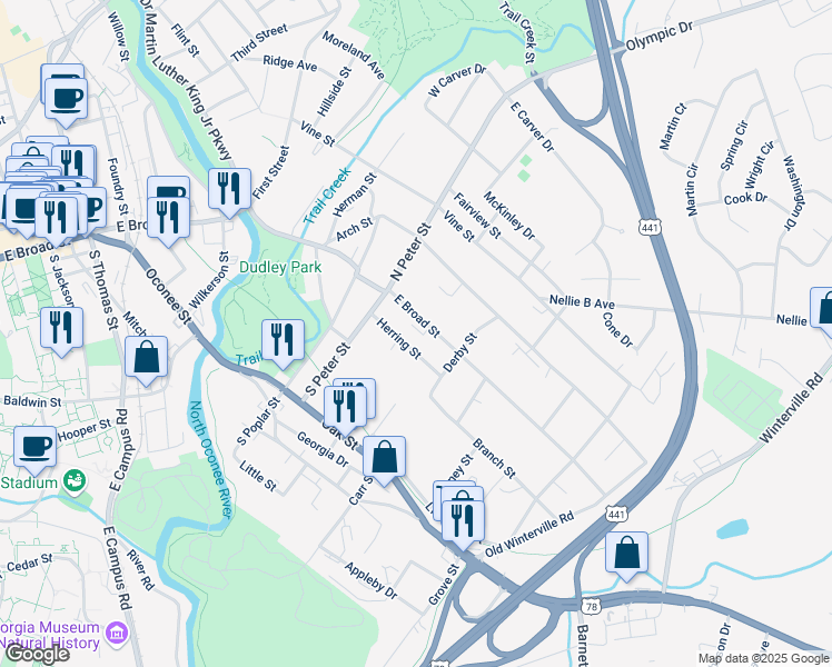 map of restaurants, bars, coffee shops, grocery stores, and more near 1460 East Broad Street in Athens