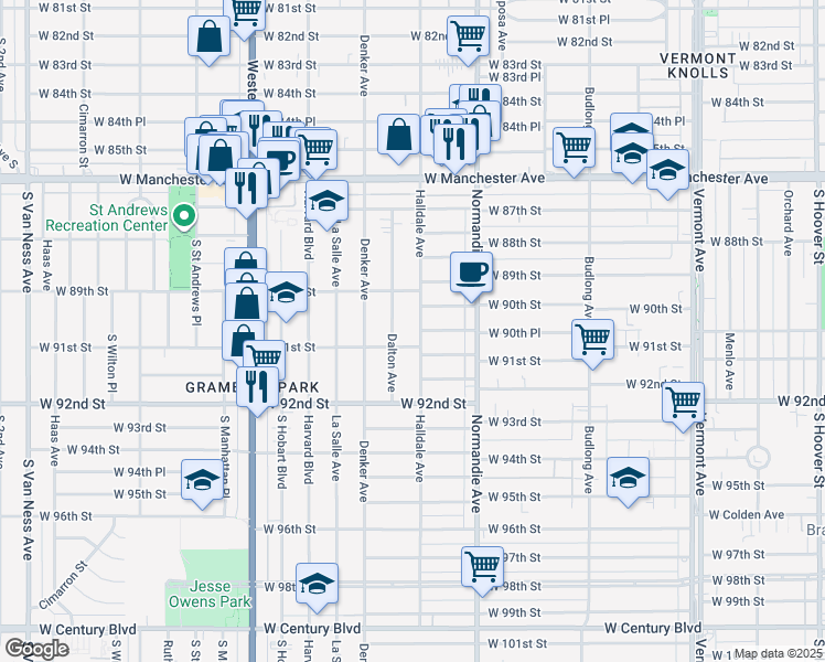 map of restaurants, bars, coffee shops, grocery stores, and more near 9023 South Halldale Avenue in Los Angeles