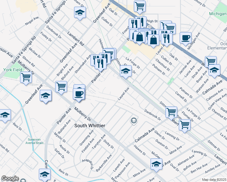 map of restaurants, bars, coffee shops, grocery stores, and more near 9002 Amsdell Avenue in Whittier