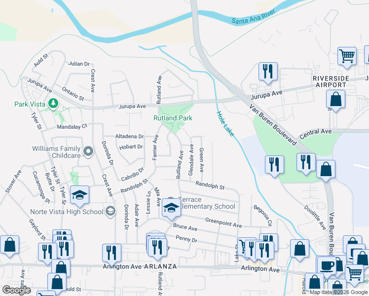 map of restaurants, bars, coffee shops, grocery stores, and more near 6866 Rutland Avenue in Riverside