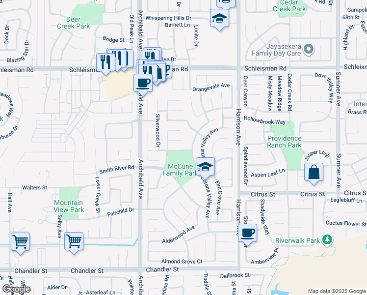 map of restaurants, bars, coffee shops, grocery stores, and more near 14045 Mosswood Court in Corona