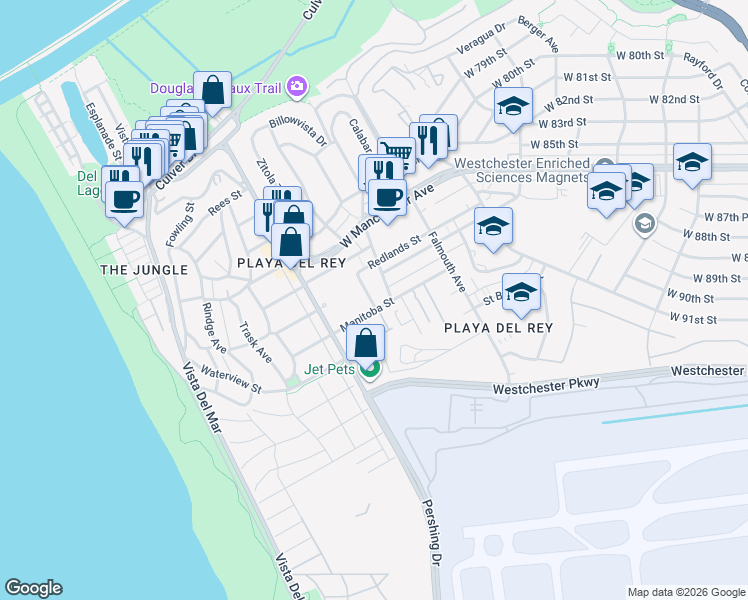 map of restaurants, bars, coffee shops, grocery stores, and more near 8738 Delgany Avenue in Los Angeles