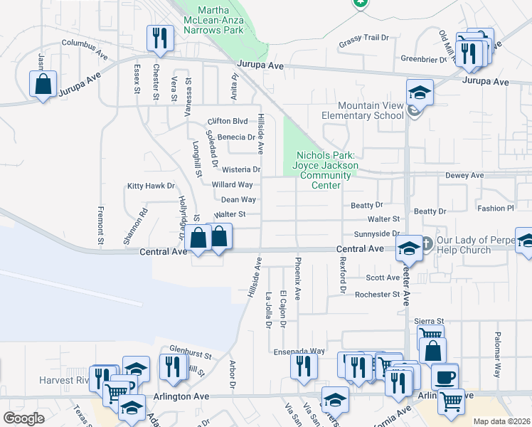 map of restaurants, bars, coffee shops, grocery stores, and more near 6469 Hillside Avenue in Riverside