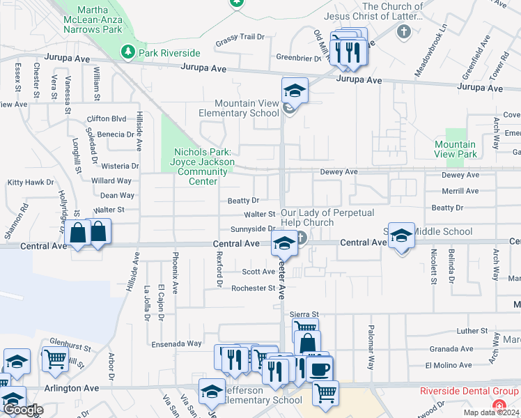 map of restaurants, bars, coffee shops, grocery stores, and more near 5361 Walter Street in Riverside