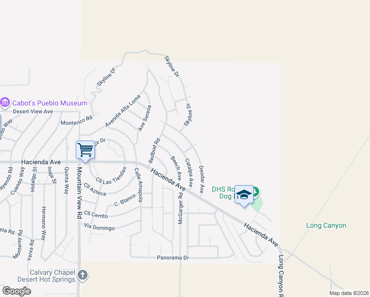 map of restaurants, bars, coffee shops, grocery stores, and more near 12860 Catalpa Avenue in Desert Hot Springs