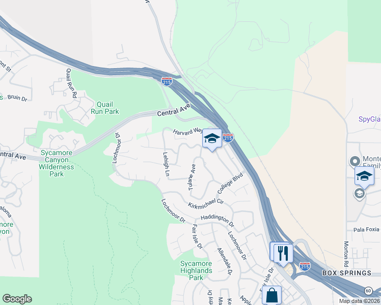 map of restaurants, bars, coffee shops, grocery stores, and more near 11407 Eton Lane in Riverside