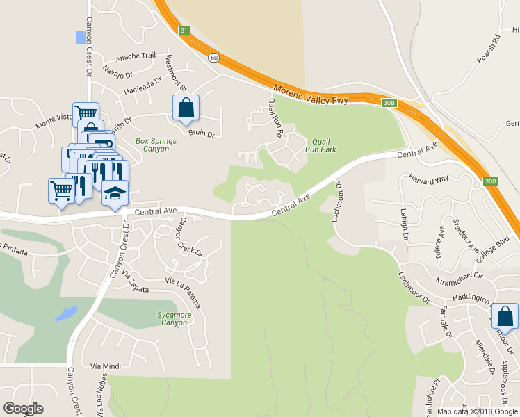 map of restaurants, bars, coffee shops, grocery stores, and more near 375 Central Avenue in Riverside