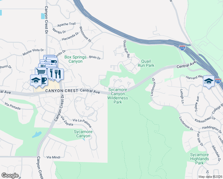 map of restaurants, bars, coffee shops, grocery stores, and more near 5377 Quail Run Road in Riverside