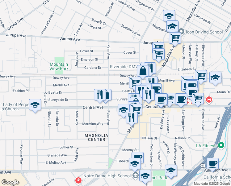 map of restaurants, bars, coffee shops, grocery stores, and more near 4443 Beatty Drive in Riverside