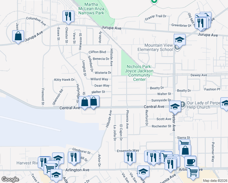 map of restaurants, bars, coffee shops, grocery stores, and more near 6469 Hillside Avenue in Riverside