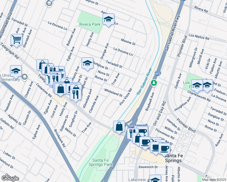 map of restaurants, bars, coffee shops, grocery stores, and more near 9812 Roma Street in Pico Rivera