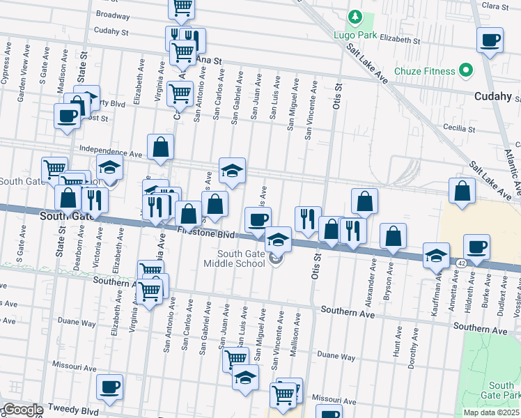 map of restaurants, bars, coffee shops, grocery stores, and more near 8640 San Luis Avenue in South Gate