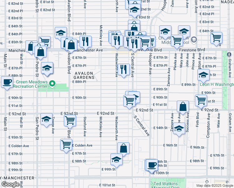 map of restaurants, bars, coffee shops, grocery stores, and more near 900 East 89th Street in Los Angeles