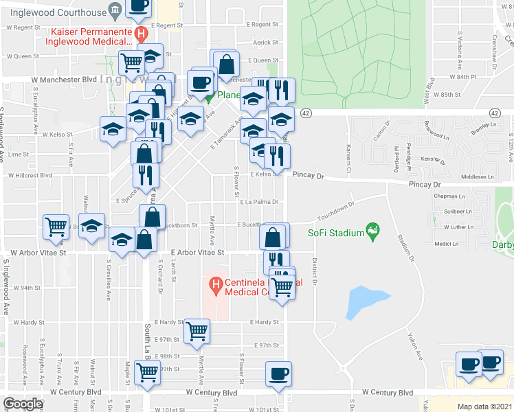 map of restaurants, bars, coffee shops, grocery stores, and more near 633 South Osage Avenue in Inglewood