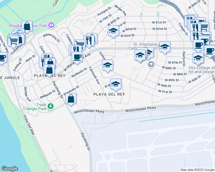 map of restaurants, bars, coffee shops, grocery stores, and more near 7755 Saint Bernard Street in Los Angeles