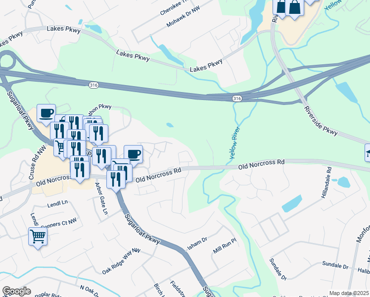 map of restaurants, bars, coffee shops, grocery stores, and more near 1560 Park Grove Drive in Lawrenceville