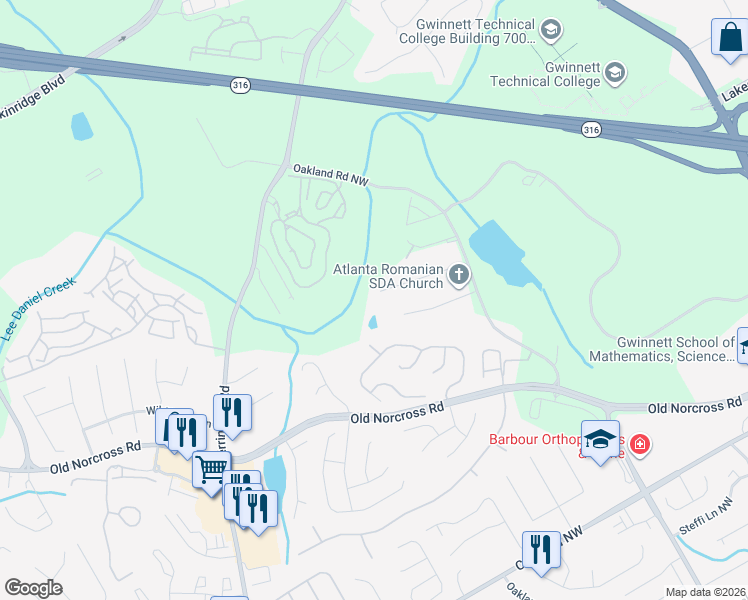 map of restaurants, bars, coffee shops, grocery stores, and more near 2320 Oakland Chase Court in Lawrenceville