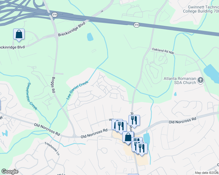 map of restaurants, bars, coffee shops, grocery stores, and more near Unnamed Road in Gwinnett County