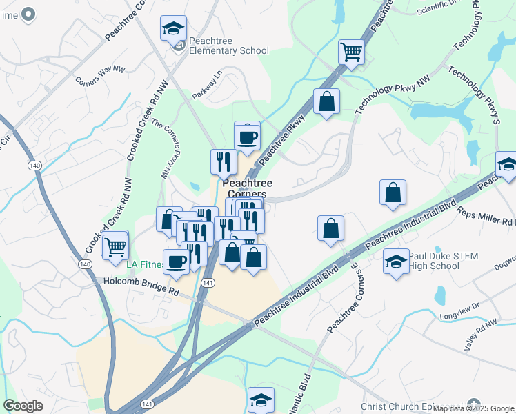 map of restaurants, bars, coffee shops, grocery stores, and more near 450 Technology Parkway Northwest in Norcross