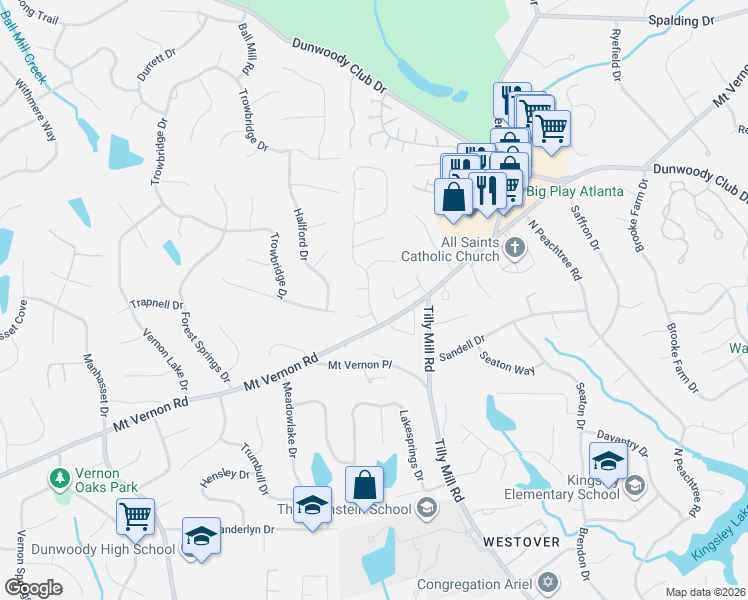 map of restaurants, bars, coffee shops, grocery stores, and more near 1945 Wellesley Trace in Dunwoody