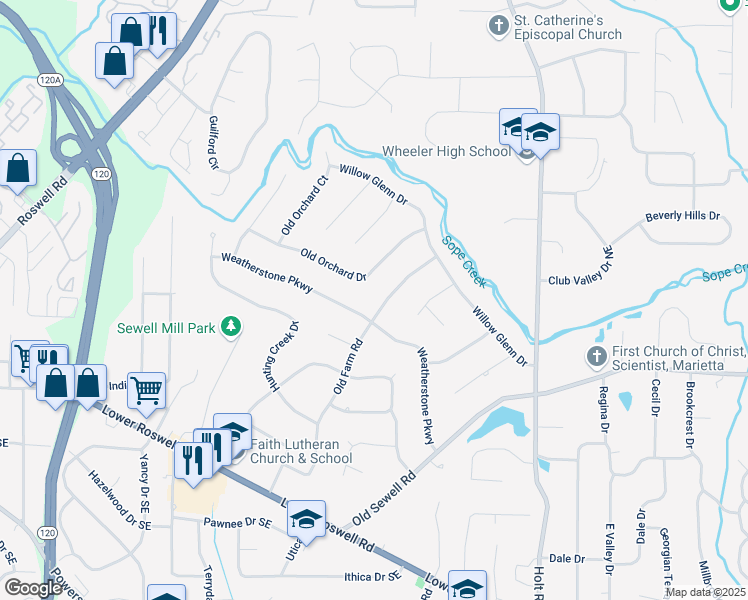 map of restaurants, bars, coffee shops, grocery stores, and more near 175 Old Farm Road in Marietta