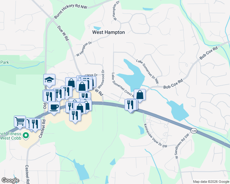 map of restaurants, bars, coffee shops, grocery stores, and more near 3364 Timbers Edge Drive in Marietta