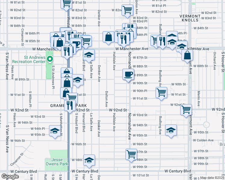 map of restaurants, bars, coffee shops, grocery stores, and more near 9023 South Halldale Avenue in Los Angeles