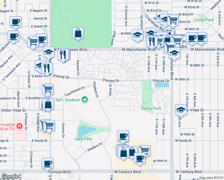 map of restaurants, bars, coffee shops, grocery stores, and more near 9063 Cullen Way in Inglewood